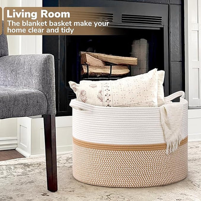 CHICVITA XXL Extra Large Blanket Basket, Cotton Rope Storage Basket for Organizing, Home Decor Woven Basket for Laundry Baby Nursery Decorative Toy Bin, White and Brown, 22" x 22" x 14"
