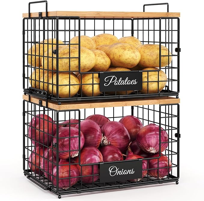 keomaisyto Pantry Organizers and Storage, 2 Set XXL Stackable Wire Baskets with Wooden Tops & Tags, Kitchen Counter Organizers Bins for Potato, Onion, Produce, Fruit, Vegetable