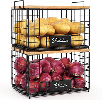 keomaisyto Pantry Organizers and Storage, 2 Set XXL Stackable Wire Baskets with Wooden Tops & Tags, Kitchen Counter Organizers Bins for Potato, Onion, Produce, Fruit, Vegetable