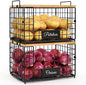 keomaisyto Pantry Organizers and Storage, 2 Set XXL Stackable Wire Baskets with Wooden Tops & Tags, Kitchen Counter Organizers Bins for Potato, Onion, Produce, Fruit, Vegetable