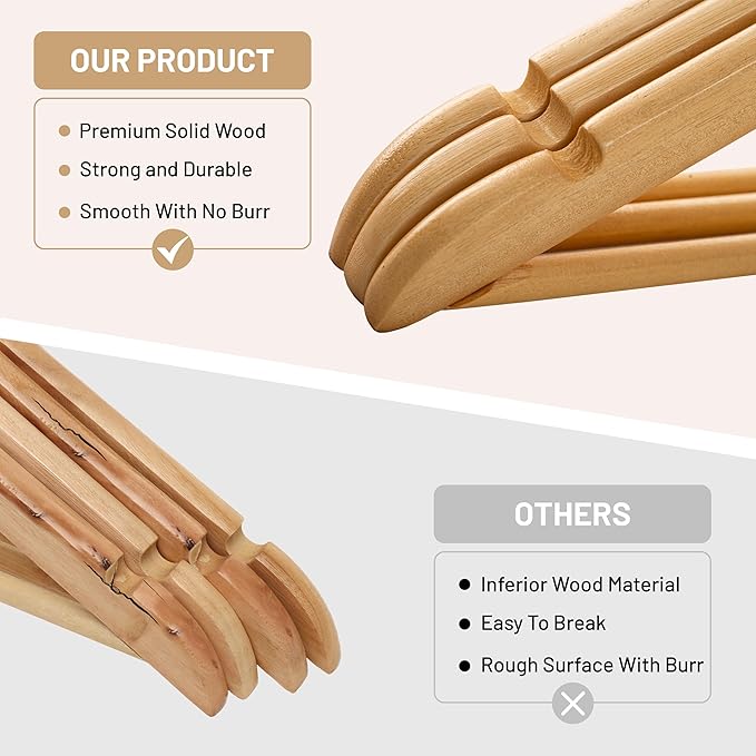 LUX Decor Wooden Hangers 30 Pack - Non-Slip Coat & Suit Hangers with 360° Swivel Hook, Smooth Finish, Heavy Duty Natural Color Clothes Hangers for Jacket, Shirt, Pants