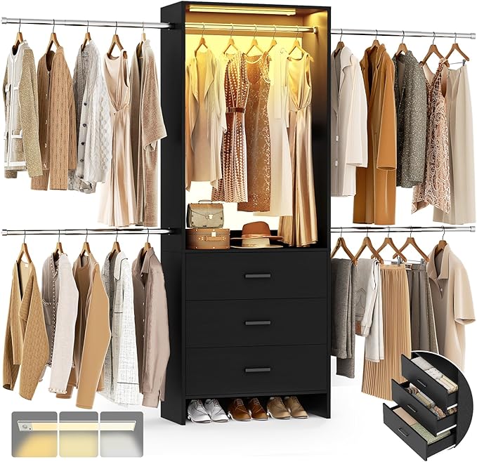 Aheaplus Closet System with Motion-Sensing Light, 3 Wooden Drawers and 4 Hanging Rods, Customizable Walk-in Closet Organizer with 3CCT LED, Heavy Duty Garment Rack for Bedroom,Black