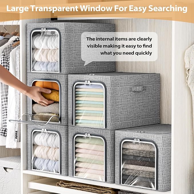 8 Pack Clothes Storage Bins with Metal Frame Foldable Clothing Storage Bins with Lids 49L Stackable Storage Box for Closet Fabric Organizer with Clear Window for Sweaters T-Shirts Bedding,Light Grey