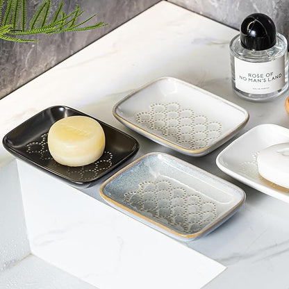 Gomakren Ceramic Soap Dish with Raised Scalloped Design, Versatile Soap Holder & Tray for Bathroom and Kitchen Sink, Prevents Soggy Soap, Rustic Modern Decor, Easy to Clean, Gray (5.59" x 4.02")