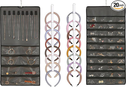 AZY 3PCS Headband Holder & Hair Accessory Organizer for Girls – 2 Hanging Headband Organizers for Headbands, Scrunchies & Hair Ties plus 80 Pocket Clear Jewelry Organizer for Bedroom, Dorm & Closet