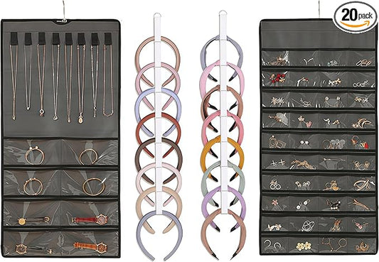 AZY 3PCS Headband Holder & Hair Accessory Organizer for Girls – 2 Hanging Headband Organizers for Headbands, Scrunchies & Hair Ties plus 80 Pocket Clear Jewelry Organizer for Bedroom, Dorm & Closet