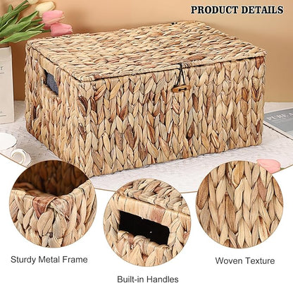 Hipiwe Wicker Storage Basket Bins with Lid, Large Water Hyacinth Baskets Box Rectangular Decorative Shelf Baskets Bin with Handles Handwoven Household Basket Boxes for Shelf Home Organizing