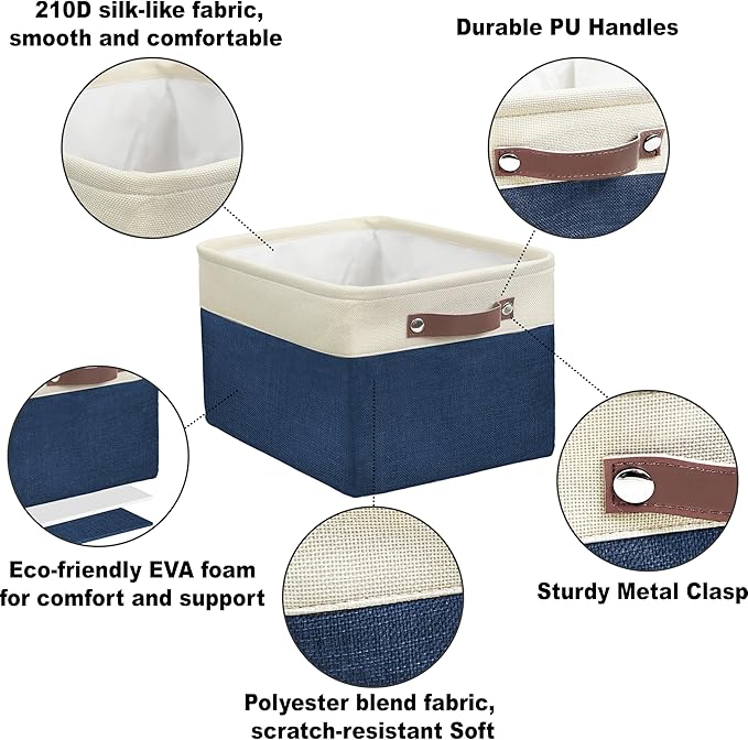 Simple Houseware 15" x 11" Large Fabric Storage Bin for Closet and Shelves, Leather Like Handles, 3 Pack, Steel Blue