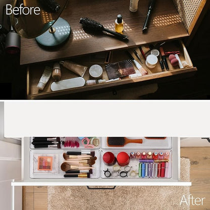 6 Pcs Large Clear Plastic Drawer Organizers Tray 15" x 6.3" Storage Bins with 25 Pcs Non-Slip Pads for Makeup, Jewelries, Kitchen Utensils, Bathroom and Office