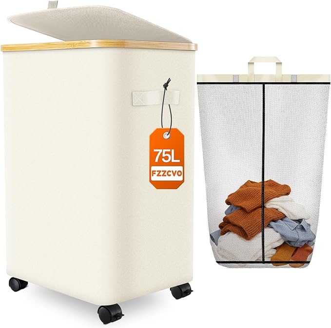 Laundry Hamper with Wheels, 75L Large Clothes Hamper with Removable Inner Bag, Collapsible Dirty Clothes Basket for Dorm, Rolling Dirty Clothes Basket for, Bedroom, Bathroom, Laundry Room