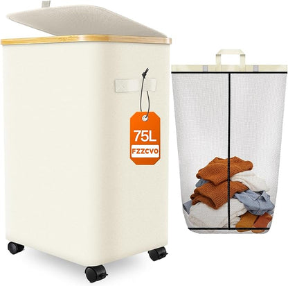 Laundry Hamper with Wheels, 75L Large Clothes Hamper with Removable Inner Bag, Collapsible Dirty Clothes Basket for Dorm, Rolling Dirty Clothes Basket for, Bedroom, Bathroom, Laundry Room