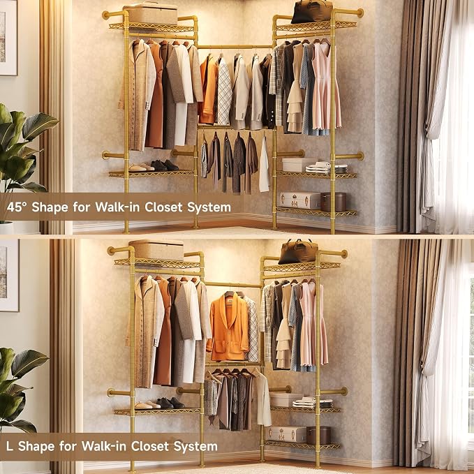 Wall Mounted Garment Rack, Walk-in Closet System with Expandable Rods, Adjustable Shelves, Industrial Pipe Clothing Racks, Hanging Clothes Organizers and Storage, Metal Closet Shelving Wardrobe