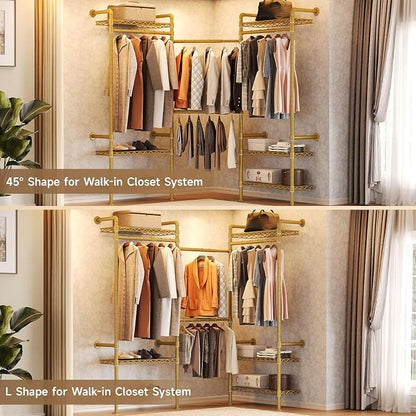 Wall Mounted Garment Rack, Walk-in Closet System with Expandable Rods, Adjustable Shelves, Industrial Pipe Clothing Racks, Hanging Clothes Organizers and Storage, Metal Closet Shelving Wardrobe