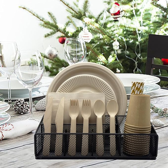 DysanVica Paper Plate Organizer for Countertop - Metal Silverware Caddy with 6 Compartments for Paper Plate Cup Napkin Utensil Holder Caddy for Party Camping Picnic Black