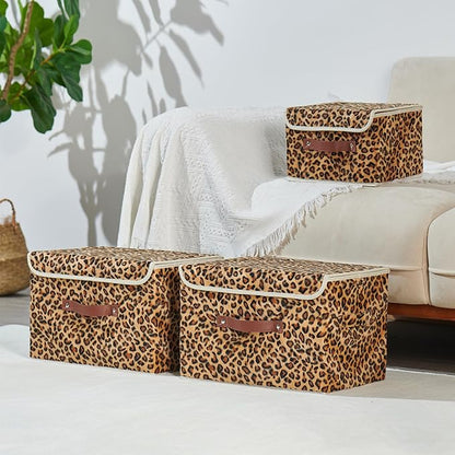 2PCS Storage Bin with Lid Leopard Print Cute Velvet Fabric Storage Basket Box Faux Leather Handles PP Plastic Board Foldable Washable Lidded Closet Shelf Organizer Container (Small Size)