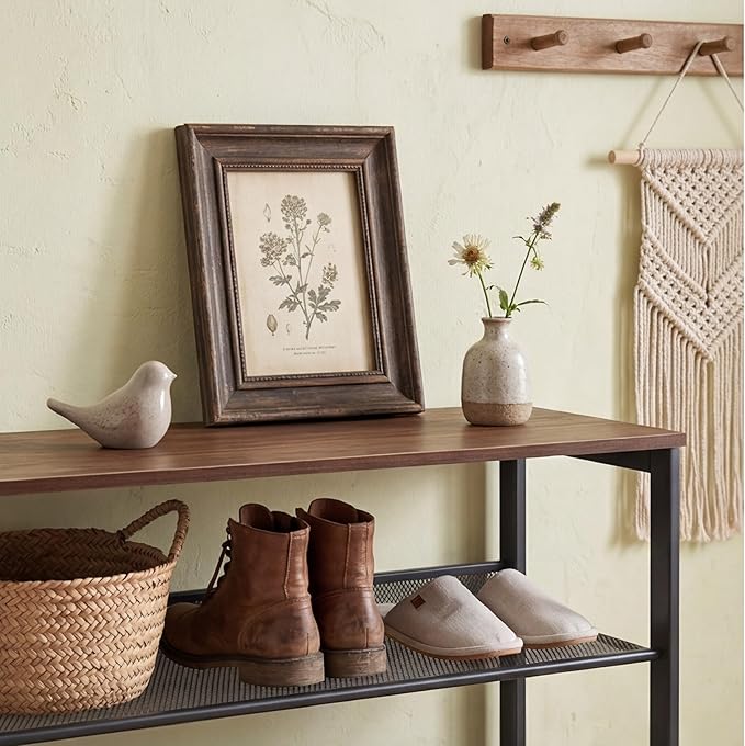 Garden 4 you Shoe Rack for Entryway 4 Tiers 11.8" D x 25" W x 28" H, Metal Shoe Rocks with Brown Wooden Tabletop, Angled Shoes Rack with Adjustable Mesh Shelves for Entryway Hallway Closet