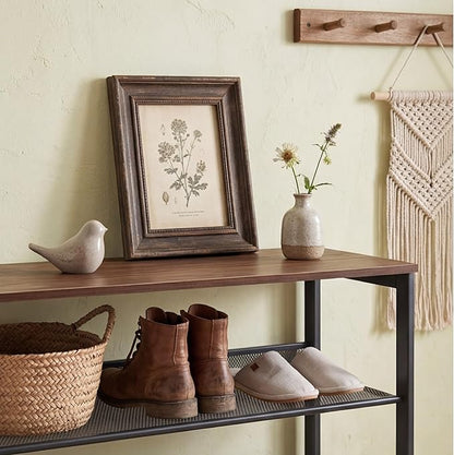 Garden 4 you Shoe Rack for Entryway 4 Tiers 11.8" D x 25" W x 28" H, Metal Shoe Rocks with Brown Wooden Tabletop, Angled Shoes Rack with Adjustable Mesh Shelves for Entryway Hallway Closet
