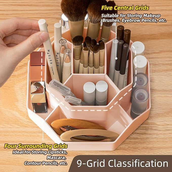 360° Rotating Pink Makeup Brush Holder Organizer with 9 Slots, Makeup Organizers Countertop, Makeup organization and Skincare Storage for Vanity, Desktop, Bathroom (PINK)