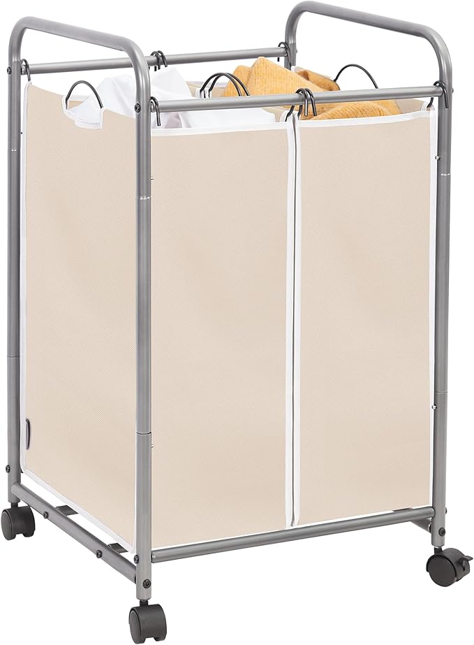 STORAGE MANIAC Laundry Sorter 2 Section, 90 L Gal Laundry Hamper with Wheels, Clothes Basket Separator Sorter, 2 Bag Clothes Cart with Wheels and Removable Bags for Closet, Dorm, Collage, Beige