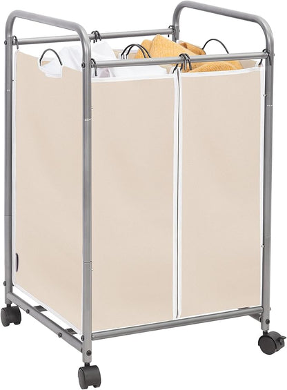 STORAGE MANIAC Laundry Sorter 2 Section, 90 L Gal Laundry Hamper with Wheels, Clothes Basket Separator Sorter, 2 Bag Clothes Cart with Wheels and Removable Bags for Closet, Dorm, Collage, Beige