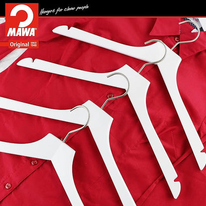 MAWA by Reston Lloyd, European Wooden Hanger, Beech Wood Straight Hanger with Shoulder Notches, Rotating Chrome Hook, White Finish, for Shirts, Blazers, Dress Clothes, Set of 5 (26135)
