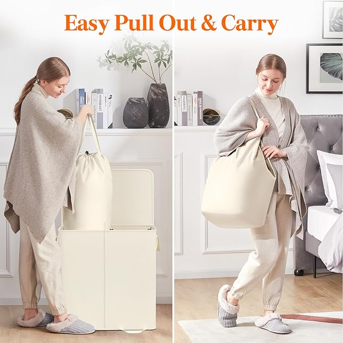 Lifewit Double Laundry Hamper with Lid and Removable Laundry Bags, Large Collapsible 2 Dividers Dirty Clothes Basket with Handles for Bedroom Laundry Room Closet Bathroom College, 136L Ivory White