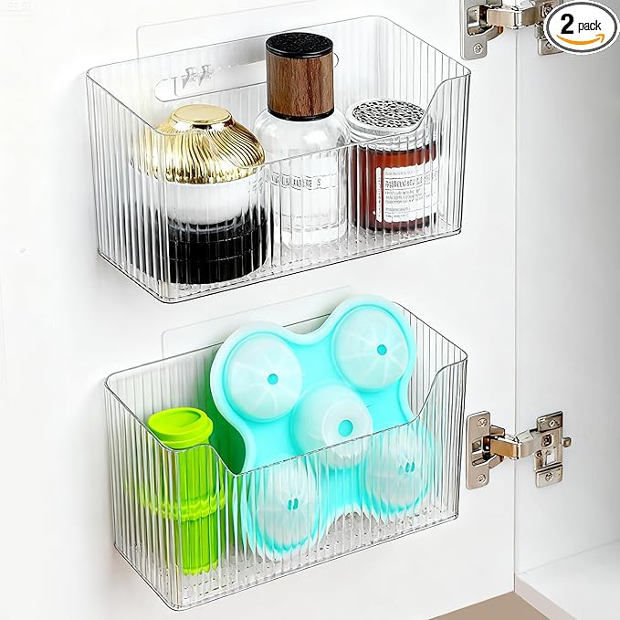 2 Pack Cabinet Door Organizer, Adhesive Wall Mounted Organizer Bins, Clear Storage Caddy, Stackable Basket for Kitchen Cabinets, Bathroom, Pantry, Office, and Tabletop Organization