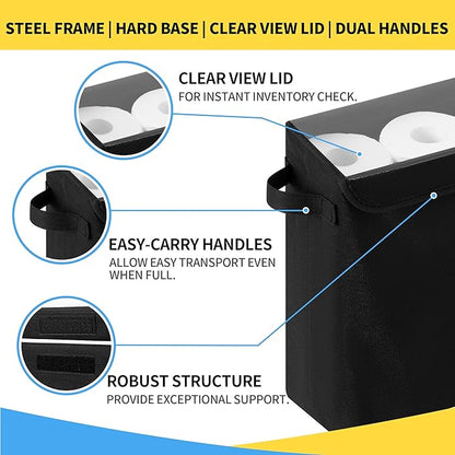 Cupic Cupid Toilet Paper Storage Baskets, Bathroom Toilet Paper Storage with Lid, Holds 12 Regular or 9 Mega Rolls, Slim Toilet Tissue Holder Basket with Clear PVC Lid and Handles, Black