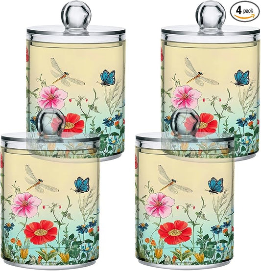 4 Pack Qtip Holder Dispenser Dragonfly Butterfly Tulip Flower Cotton Ball Swab Round Pads Floss Clear Bathroom Storage Containers Plastic Apothecary Jars with Lids