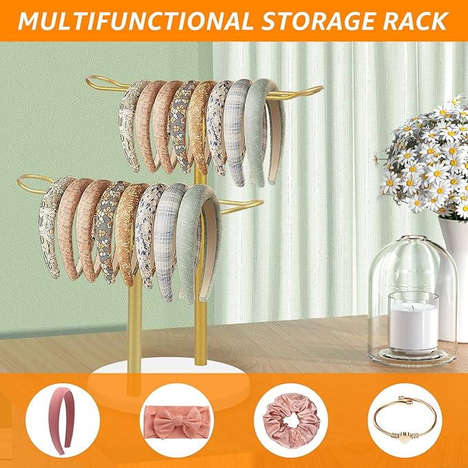 Headband Holder Organizer, Metal Hair Hoop Display Stand Headband Organizer Storage Hair Ropes Accessories Bracelets, for Women Girls Bedroom Decor, College Dorm Room Decor (Double Layer)