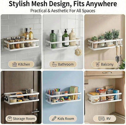 PUSDON 2-Pack Minimalist Shower Caddy Wall Mount, Open Frame Bathroom Shelf Organizer with Mesh Base, Rustproof Floating Spice Rack for Kitchen, Holds 50 LBS, 4 Hooks - White, Guardrail