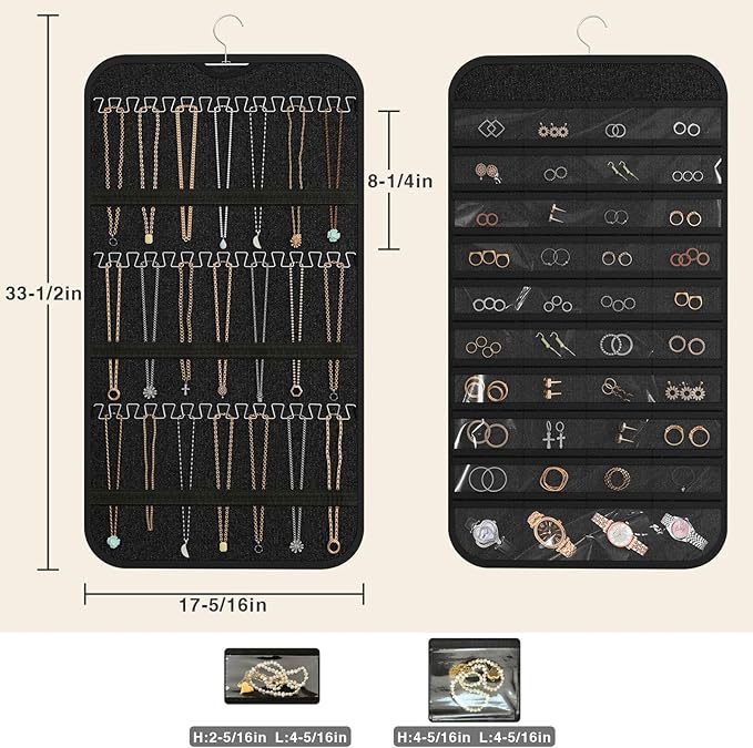 2-Pack Hanging Jewelry Organizer Storage, 40 Pockets 36 Hooks Necklace Earring Necklace Bracelet Ring Organizer, Double - Sided Design, Black