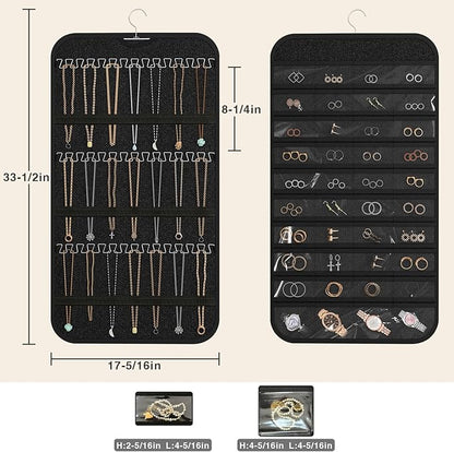 2-Pack Hanging Jewelry Organizer Storage, 40 Pockets 36 Hooks Necklace Earring Necklace Bracelet Ring Organizer, Double - Sided Design, Black