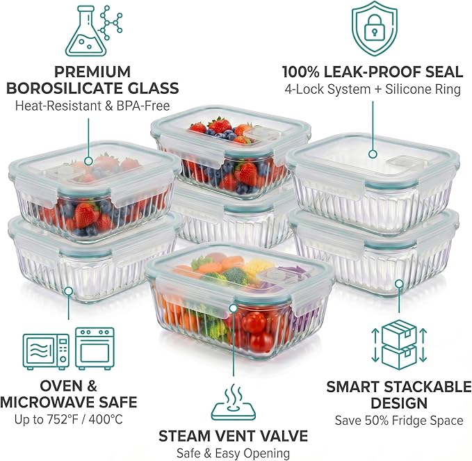 5-Packs, 36 Oz Glass Meal Prep Containers with Snap Locking Lids Glass Food Containers,Airtight Lunch Container,Microwave, Oven, Freezer and Dishwasher