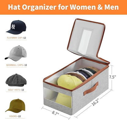 Stackable Hat Organizer for Baseball Caps, Hat Storage Holder Container for Closet Hold Up to 12 Caps with Clear Window, Hat Boxes for Home Storage (Grey, 2 Packs)