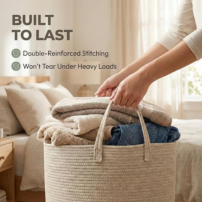 JMvicyroam 65L Extra Large Blanket Basket for Living Room - Woven Cotton Rope Laundry Hamper with Reinforced Handles - Storage Bin for Pillows, Comforters & Toys - Machine Washable,Oatmeal