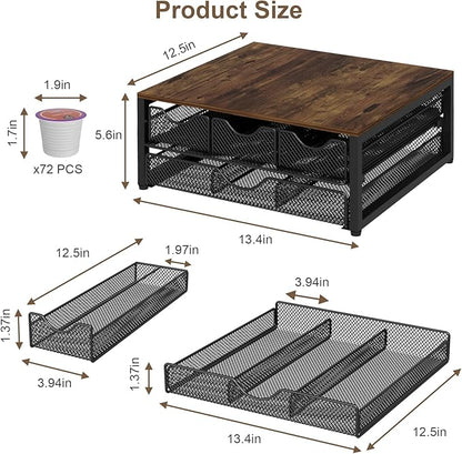 Coffee Pod Holder For Counter, 3 Pull-Out 72 K-Cup Holder Drawer, Wooden Cafe Pods Storage Organizer with Sliding Drawers for Coffee Station, Home, Kitchen, Office, Dorm (Antique Finish)