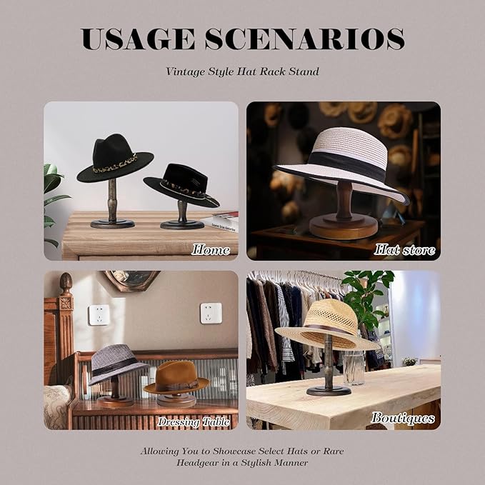 CHADWICK Vintage Style Hat Rack Stand, Rustic Brown Hat Display Stand Wood, Hat Rack Tabletop Cap Organizer and Display Rack