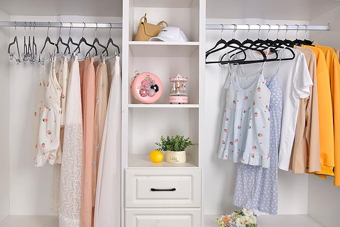 80 Pack Black Quality Plastic Non Velvet Non-Flocked Thin Compact Coat Hangers with Metal Clips for Skirts Pants Blouses 360° Swivel Hook
