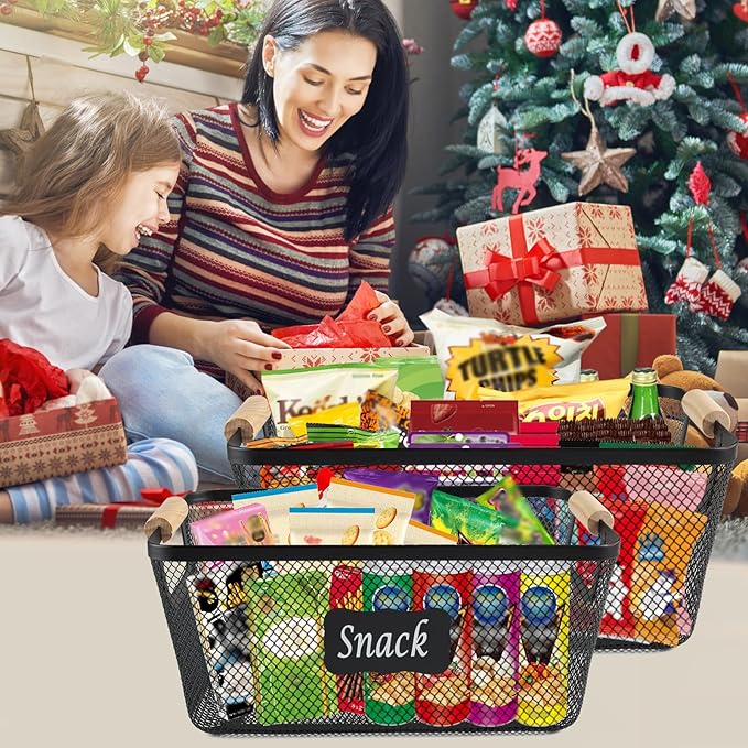 Snack Organizer for Pantry Shelf, 2 Pack Metal Mesh Snack Basket Storage with Wooden Handles, Snack Bin for Snack Bar Station, Kitchen Cabinet Pantry Organizers and Storage