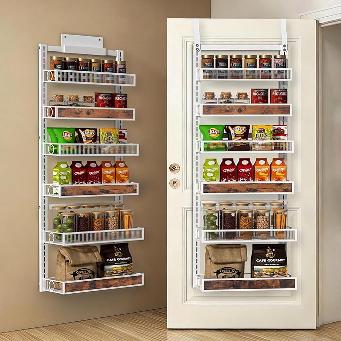 6 Tier Pantry Door Organizer Spice Rack, 2-IN-1 Wall Mount or Hanging Over Door Seasoning Organizer with Adjustable Baskets, Heavy Duty Behind Door Storage Shelves for Pantry, Cabinet and Kitchen