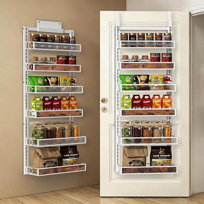 6 Tier Pantry Door Organizer Spice Rack, 2-IN-1 Wall Mount or Hanging Over Door Seasoning Organizer with Adjustable Baskets, Heavy Duty Behind Door Storage Shelves for Pantry, Cabinet and Kitchen