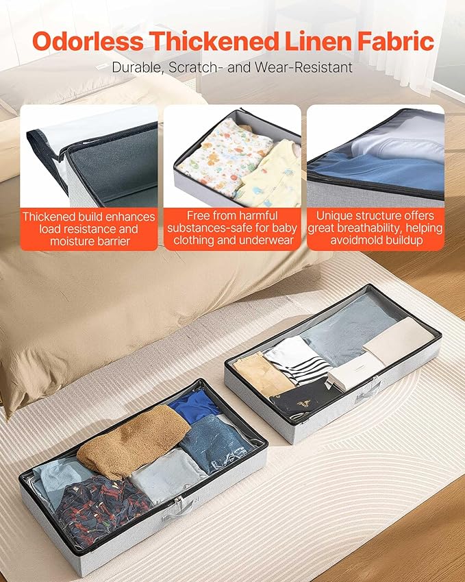 VEVOR Under Bed Storage with Clear Lids, 33.5 x 16.9 x 4.7 Inch, 45L Large Underbed Clothes Storage Containers, Low Profile Under Bed Drawer Shoe Organizer Bins Box for Blanket Shoe Bedroom, 2 Pack