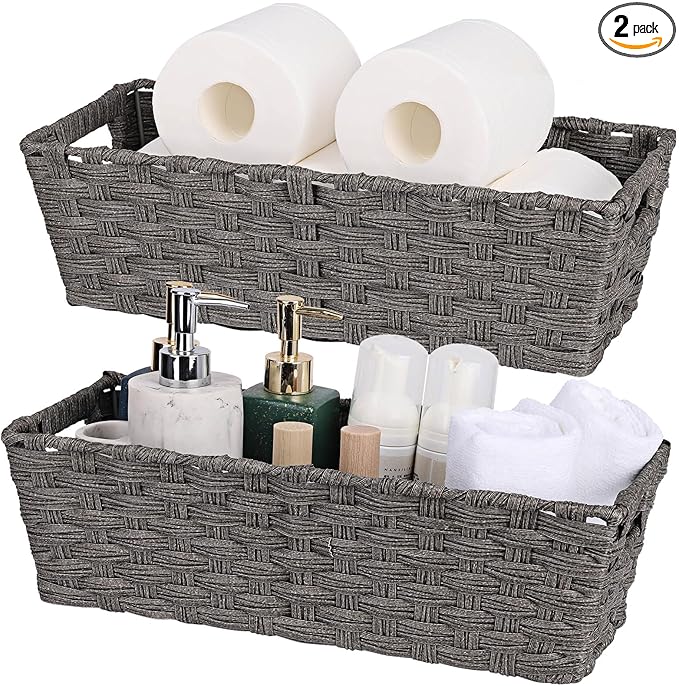 Onlytak Plastic Wicker Storage Baskets - Toilet Tank & Bathroom Baskets, Woven for Organizing & Decor, Dark Grey, 15¾" x 6¾" x 4¾", 2-Pack
