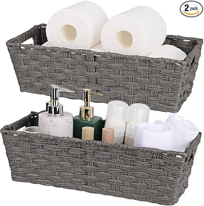 Onlytak Plastic Wicker Storage Baskets - Toilet Tank & Bathroom Baskets, Woven for Organizing & Decor, Dark Grey, 15¾" x 6¾" x 4¾", 2-Pack