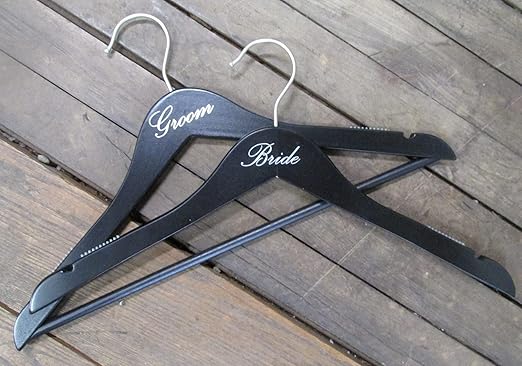 NAHANCO 17" Wooden Hangers, Bride and Groom Set, Black with Silver Imprint (2 Piece Set)