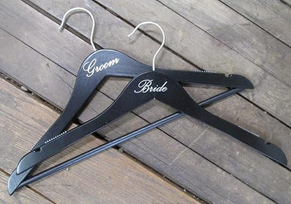 NAHANCO 17" Wooden Hangers, Bride and Groom Set, Black with Silver Imprint (2 Piece Set)