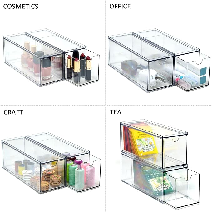 Youngever 3 Drawers Plastic Kitchen Pantry Stackable Storage Organizer, Plastic Tea Packet Organizers, Stackable Tea Bag Holder, 9" x 3" x 3.5" (Pack of 2)