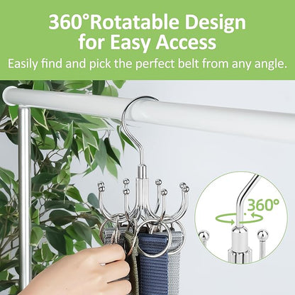 Belt Hanger, 2 Pack Rotatable Belt Organizer Rack for Closet Sturdy Max 48 Belts Storage with 16 Hooks, Hanging Space Saving Closet Organizers for Belts Holder, Silver