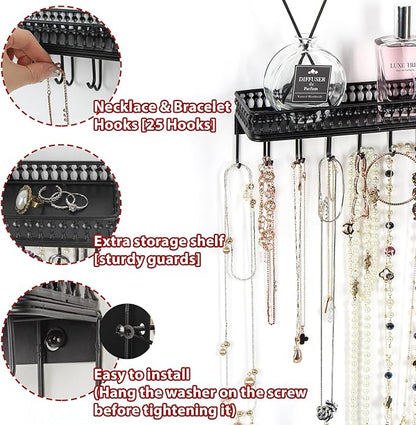 J JACKCUBE DESIGN Wall Mounted Black Metal Jewelry Hanger, Necklace Display Storage Holder with Tray and 25 Hooks for Necklace Earrings Bracelet Ring Watch - MK621A